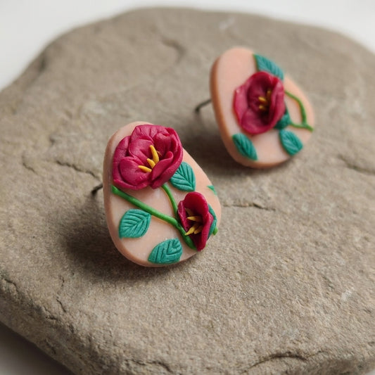 Peony Studs handmade polymer-clay earrings, close-up detail of one earring