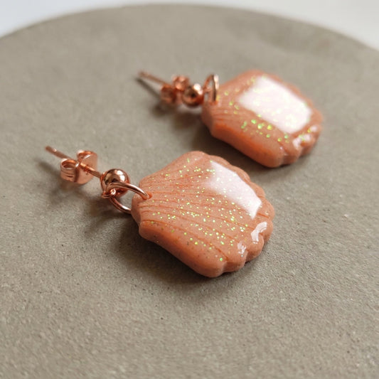 Cordelia’s Blush handmade polymer-clay earrings, close-up detail of one earring