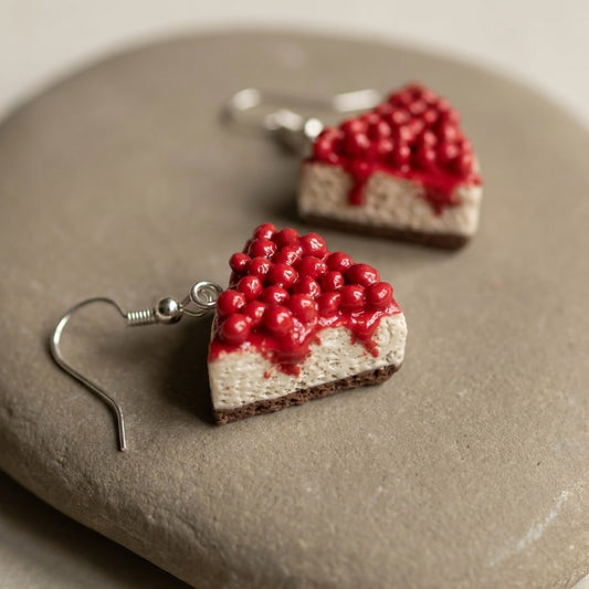 Cherry Cheesecake handmade polymer-clay earrings, close-up detail of one earring