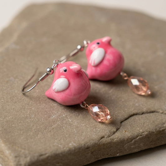 Love at first chirp earrings handmade polymer-clay earrings, close-up detail of one earring