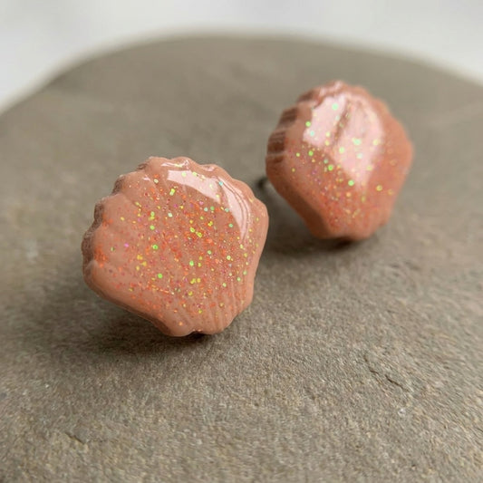 Seashell Studs handmade polymer-clay earrings, close-up detail of one earring