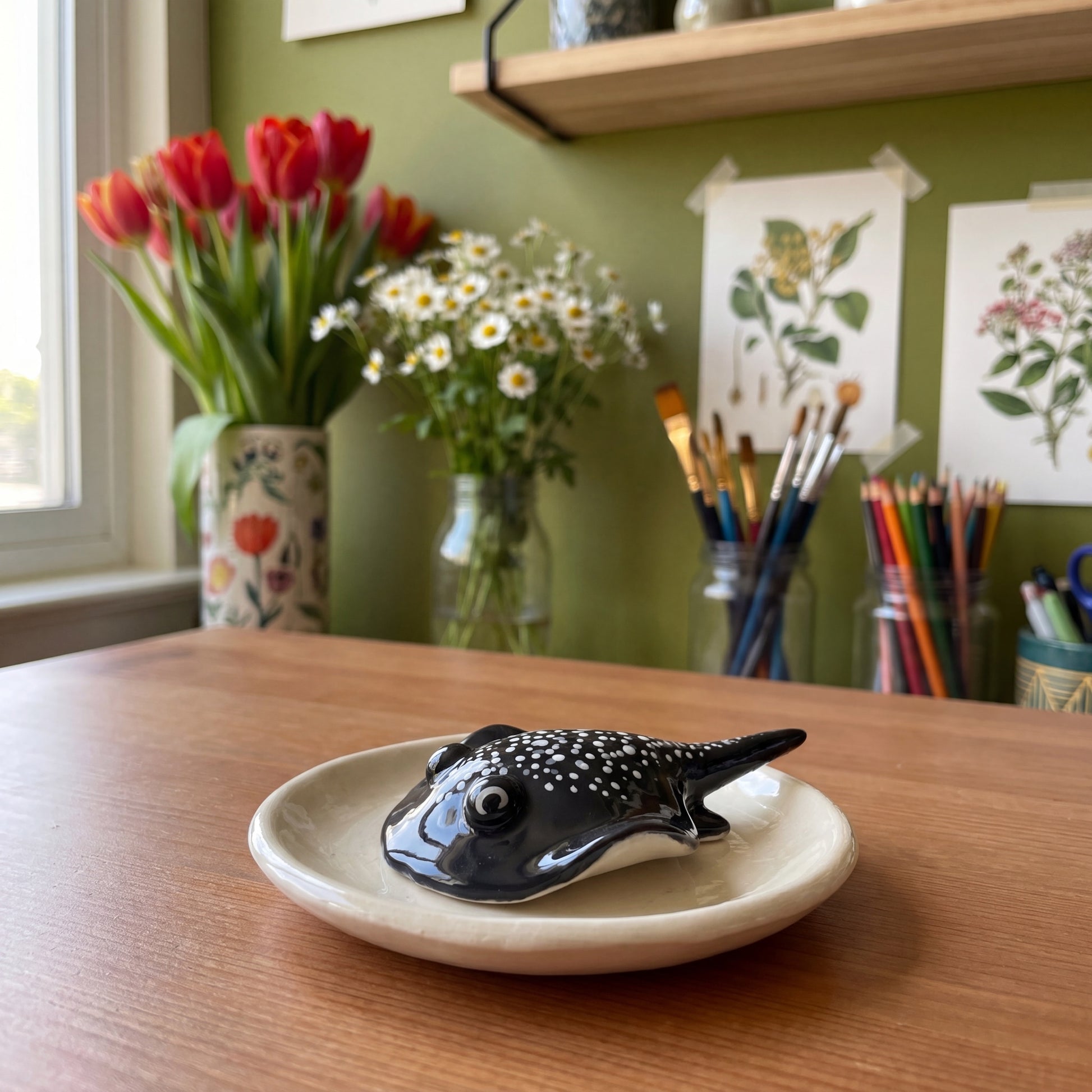 Stinger Ray handmade glossy clay desk pal, styled in the Moon Kiln studio, daytime