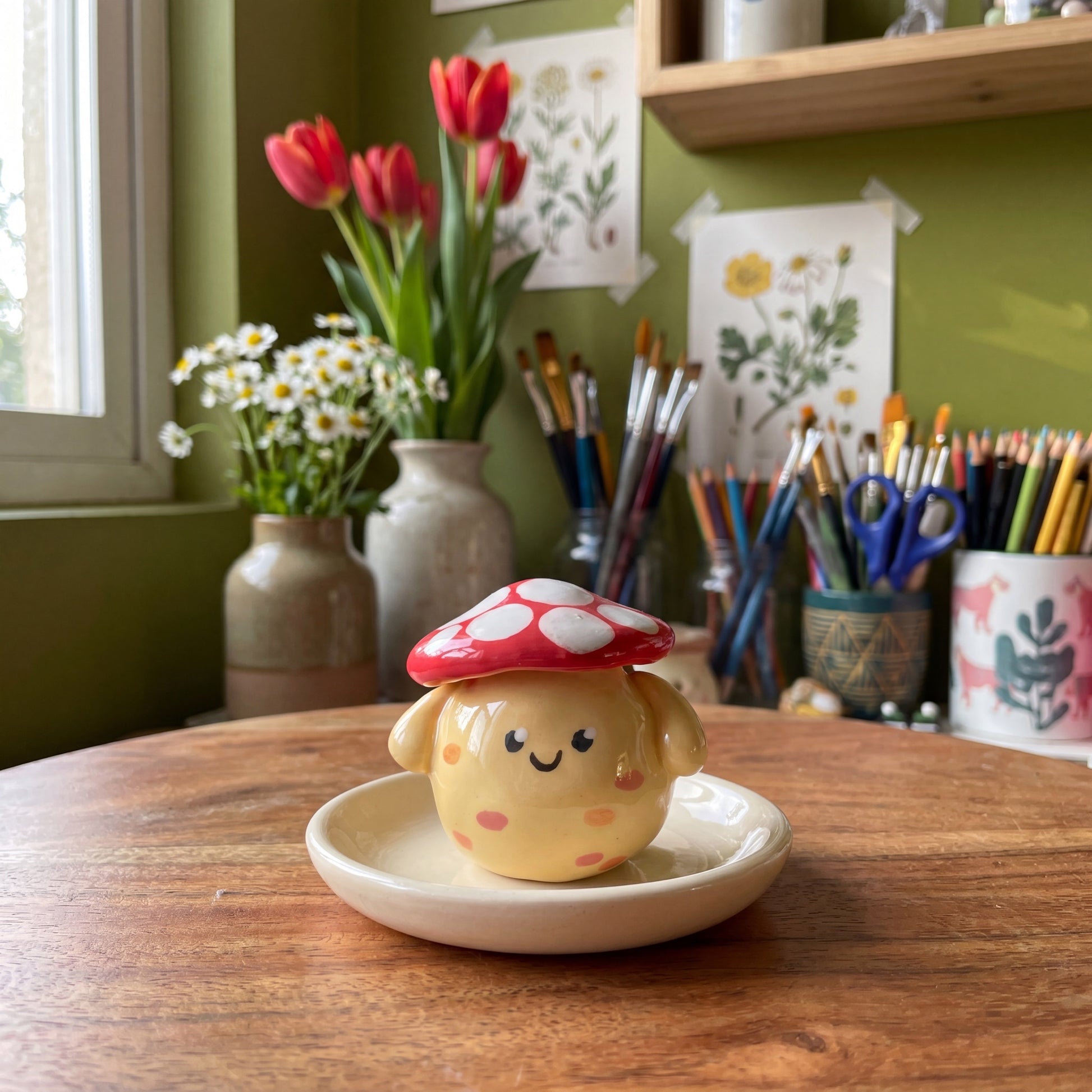 Mushroom Pal handmade glossy clay desk pal, styled in the Moon Kiln studio, daytime