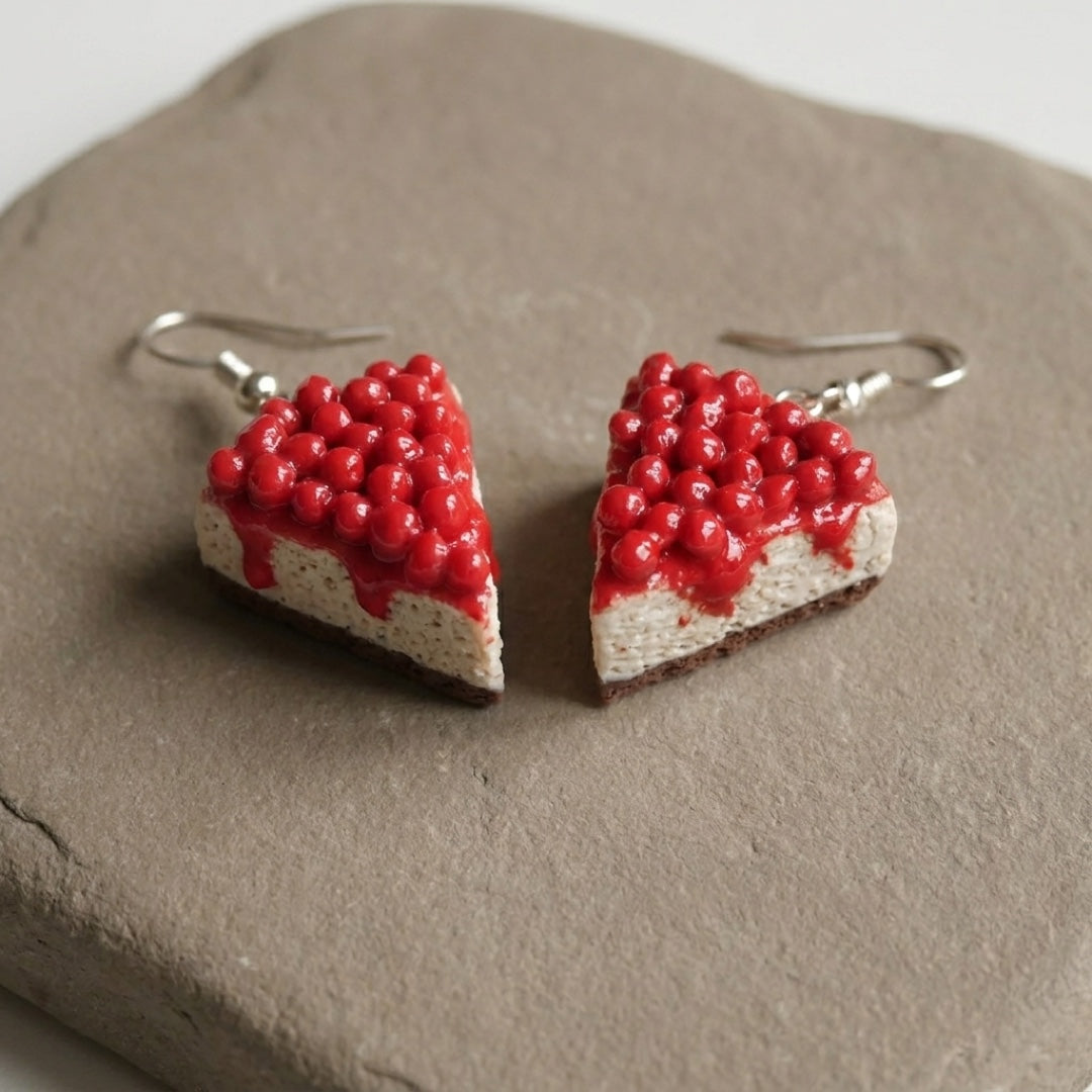 Cherry Cheesecake handmade polymer-clay earrings, the pair on a warm stone surface