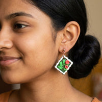 Roses Stamp handmade polymer-clay earrings, worn on the ear