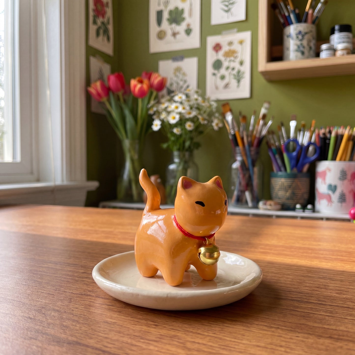 Ginger kitty handmade glossy clay desk pal, styled in the Moon Kiln studio, daytime