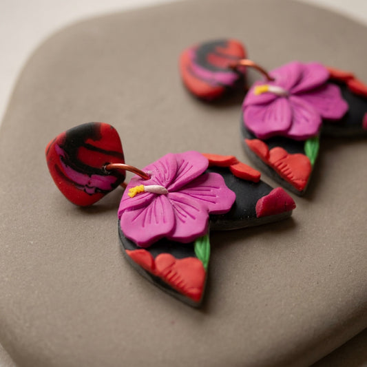 Hibiscus Jungle handmade polymer-clay earrings, close-up detail of one earring