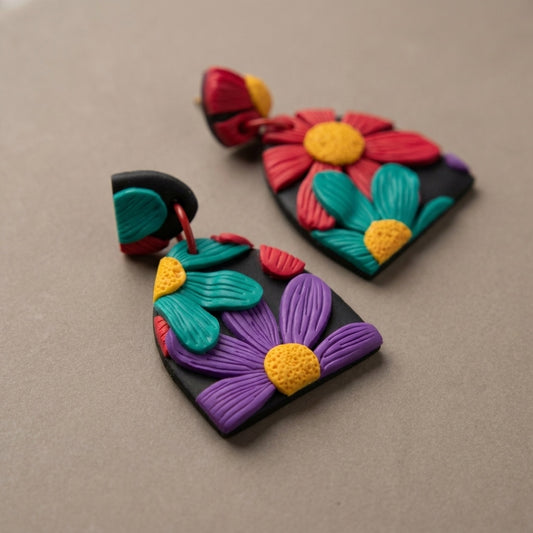 Chroma Flora handmade polymer-clay earrings, close-up detail of one earring