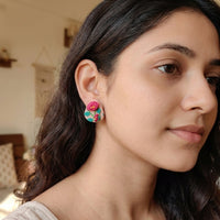 Peony Studs handmade polymer-clay earrings, worn on the ear