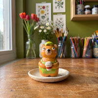 Bearista handmade glossy clay desk pal, styled in the Moon Kiln studio, daytime