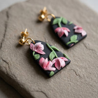 Roseate Drops handmade polymer-clay earrings, close-up detail of one earring