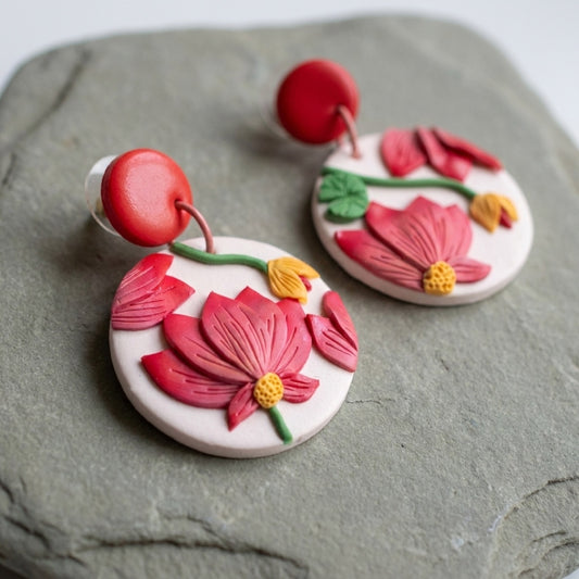 Pink Tipped Lotus handmade polymer-clay earrings, close-up detail of one earring