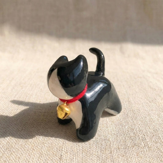 Tuxedo kitty handmade glossy clay desk pal, front view