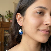 Blueberries handmade polymer-clay earrings, worn on the ear