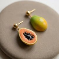 Papaya! handmade polymer-clay earrings, close-up detail of one earring