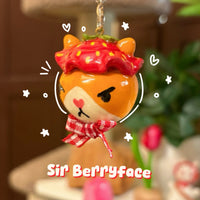 Sir Berryface handmade polymer clay charm, glossy orange fox with strawberry hat, heart nose, and red gingham ribbon, on clasp