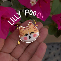 Lilly Poo handmade polymer clay fridge magnet, glossy orange tabby cat face with rosy cheeks and grumpy expression, held in palm