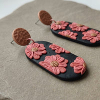 Cherry Blossoms handmade polymer-clay earrings, close-up detail of one earring