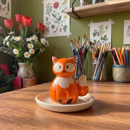 Mr. Fox handmade glossy clay desk pal, styled in the Moon Kiln studio, daytime