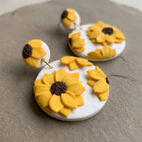 Sunflower Dangles handmade polymer-clay earrings, close-up detail of one earring