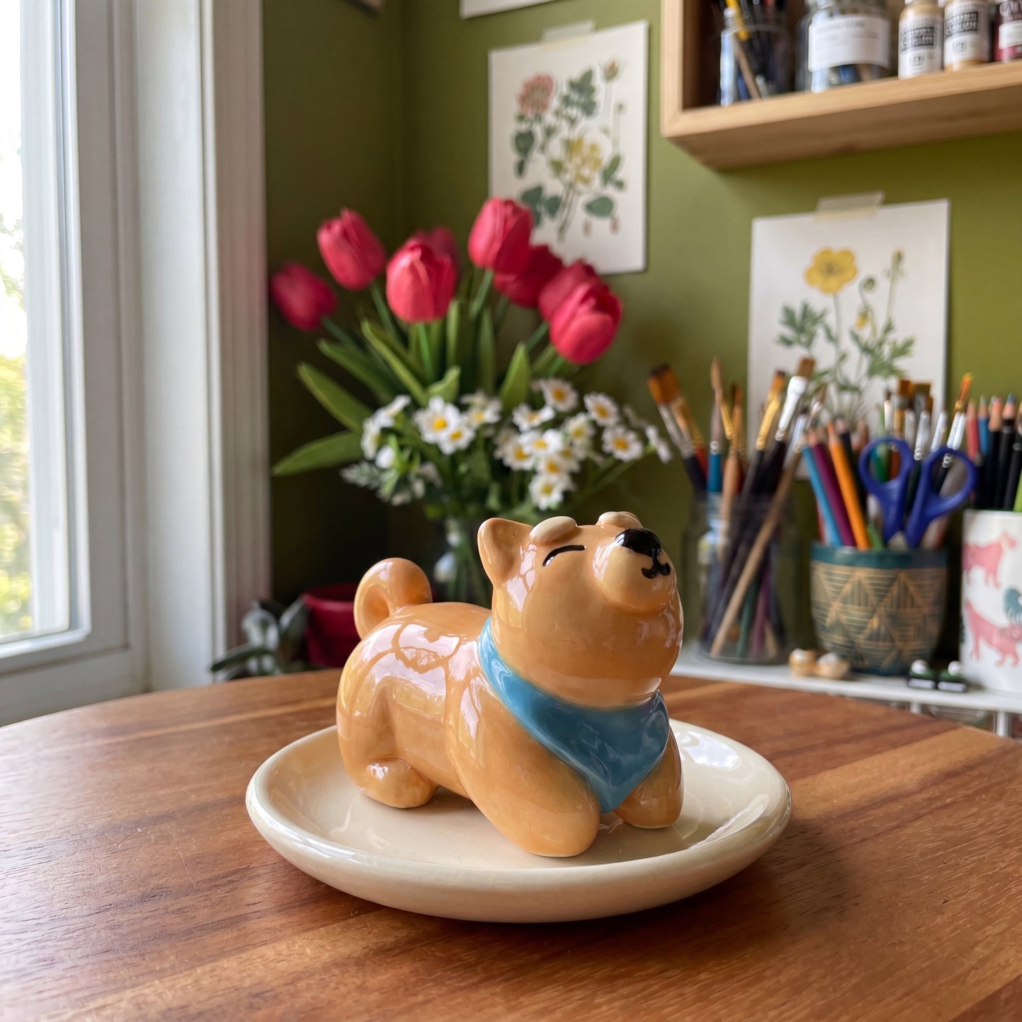 Shiba Inu handmade glossy clay desk pal, styled in the Moon Kiln studio, daytime