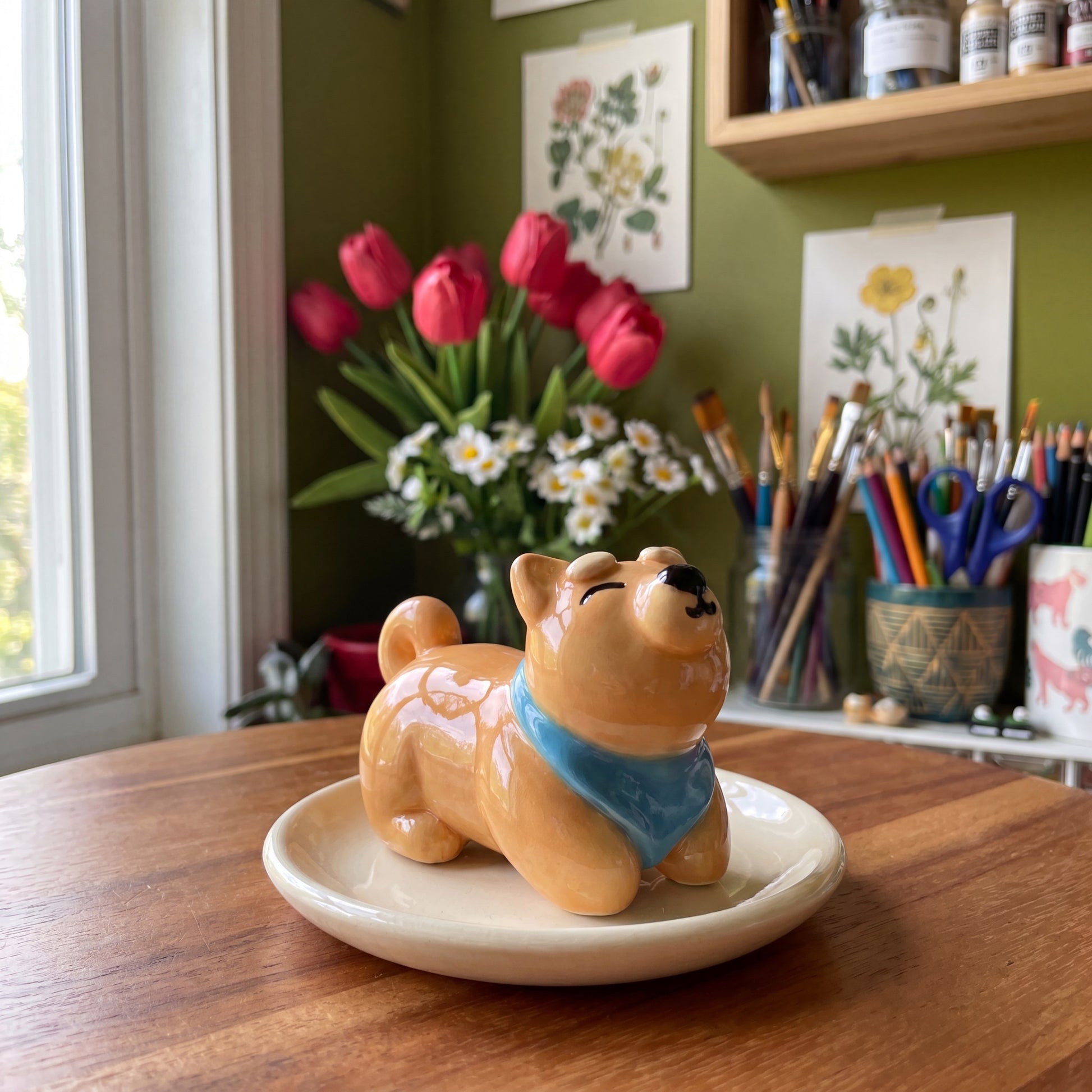 Shiba Inu handmade glossy clay desk pal, styled in the Moon Kiln studio, daytime