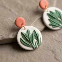 Just Leaves handmade polymer-clay earrings, close-up detail of one earring