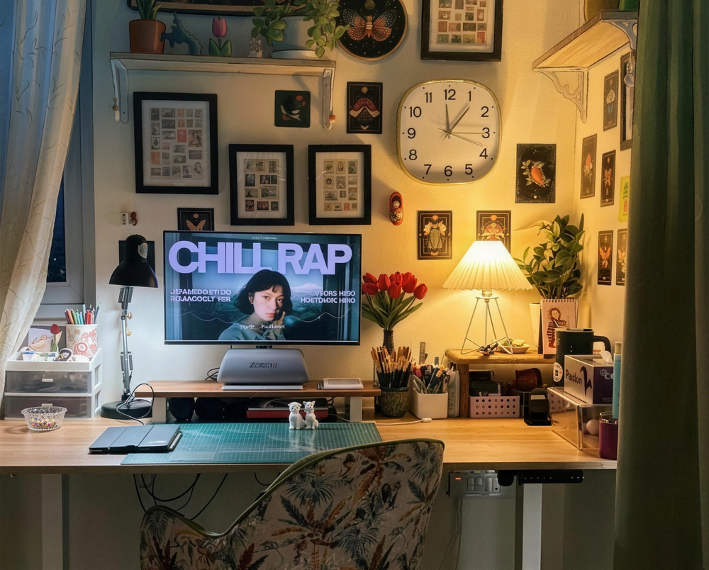 Amba's cozy studio desk at night, half-real style, work desk in view with framed stamp art, tulips, a warm lamp and a monitor playing chill music